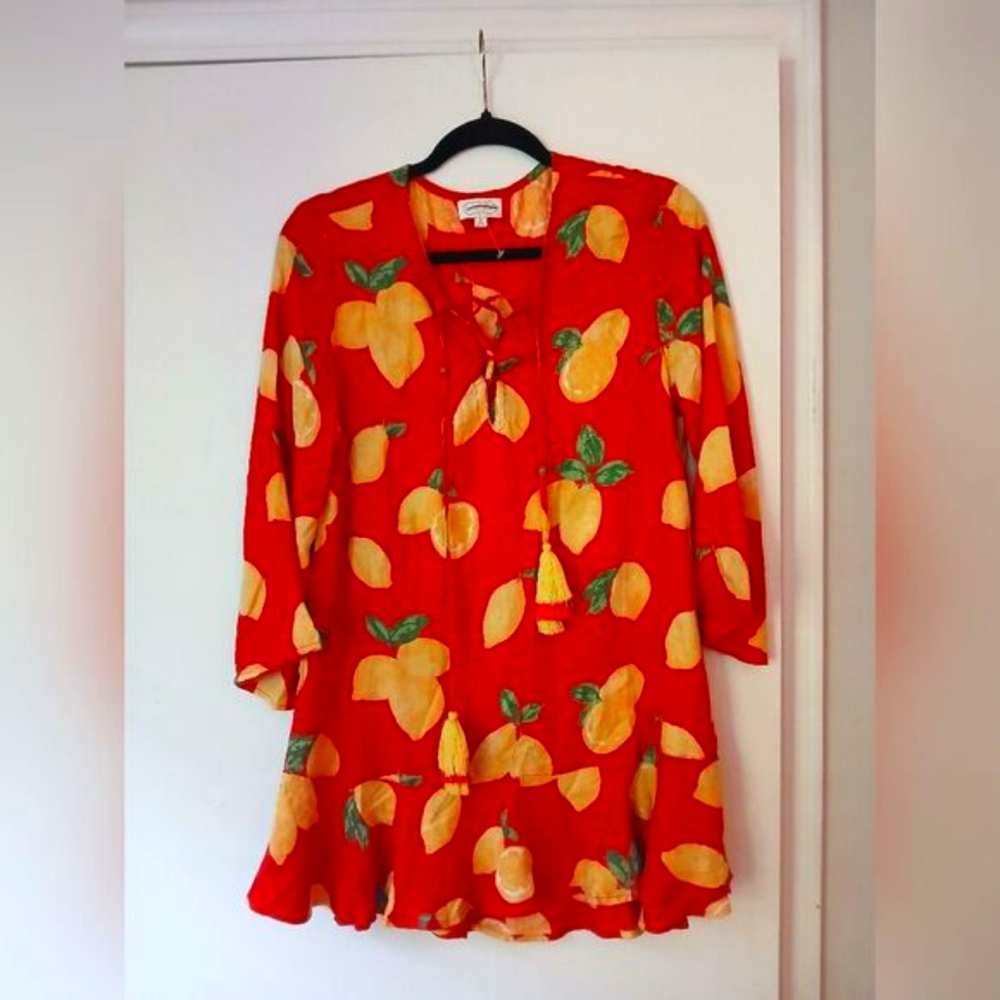 MudPie Red Lemon Vacation Spring Ruffle Flirty Mini Dress/Tunic/Coverup S
